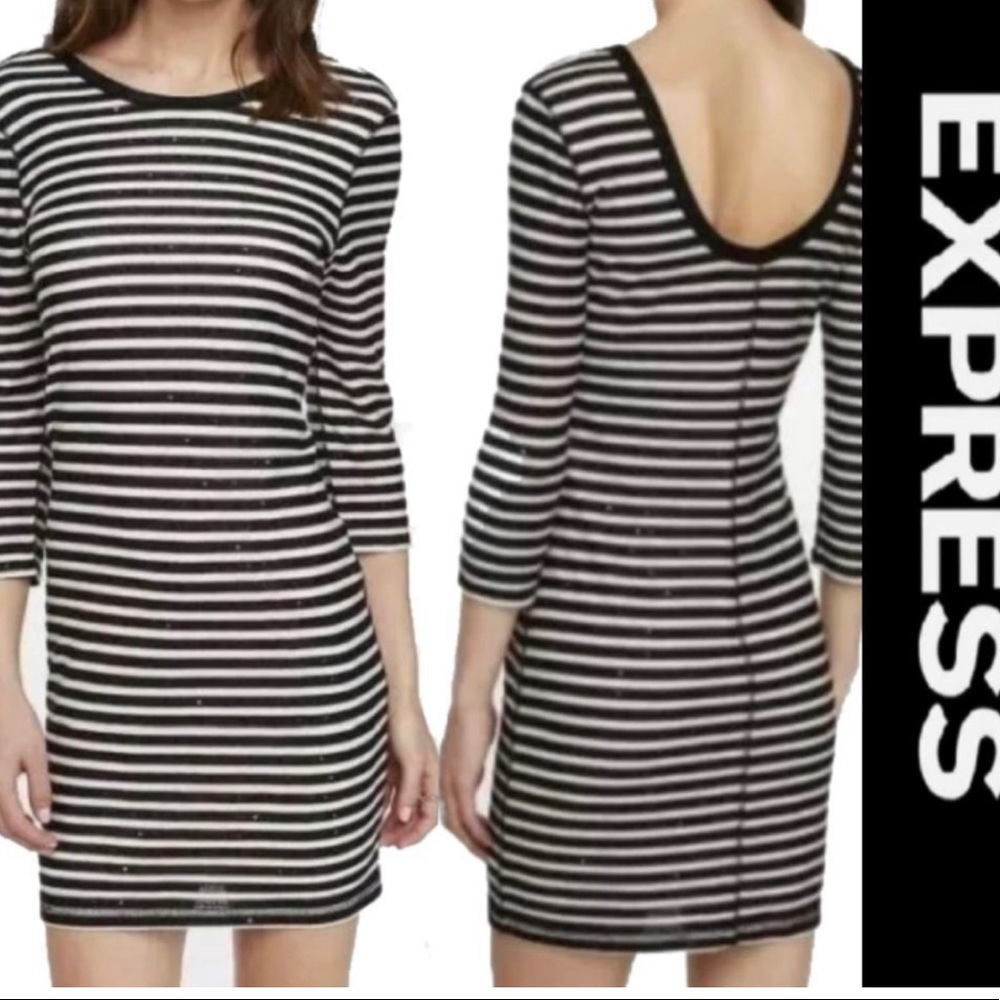 EXPRESS | BLACK AND WHITE STRIPED SEQUIN DRESS WITH 3/4 SLEEVES | SIZE S